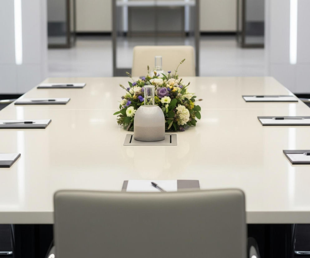 Długi, prostokątny stół konferencyjny w jasnym, kremowym kolorze dominuje w centralnej części kadru. Na stole, rozmieszczone symetrycznie, znajdują się podkładki z białymi kartkami i długopisami, sugerując przygotowanie do spotkania. Po obu stronach stołu ustawione są beżowe krzesła z metalowymi ramami, a na jego środku umieszczono świeży bukiet kwiatów w wazonie, otoczony zielenią i fioletowo-biało-żółtymi kwiatami. Tło stanowi rozmyte wnętrze z jasnymi ścianami i pionowymi elementami świetlnymi, co nadaje pomieszczeniu nowoczesny i elegancki charakter.