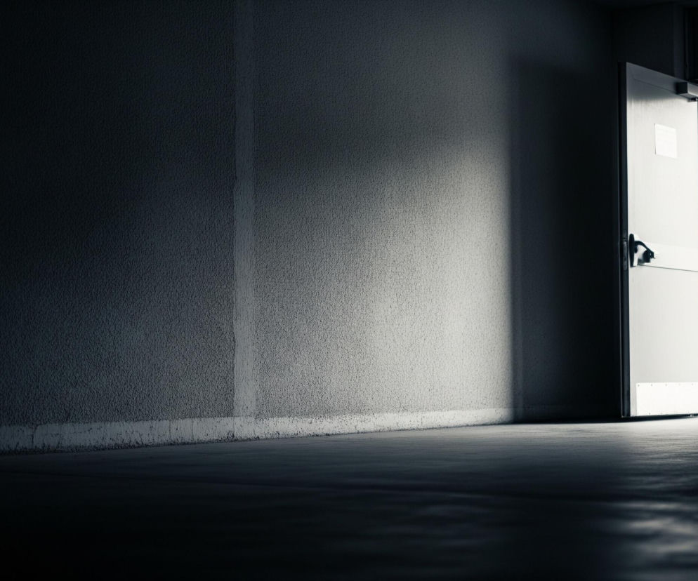 Pusta przestrzeń z betonowymi ścianami i podłogą, oświetlona silnym światłem wpadającym z prawej strony. Drzwi otwarte są na zewnątrz, ukazując fragment szyby, na której widoczne są ślady zacieków lub deszczu, tworzące pionowe smugi. Światło tworzy gradient na ścianie i podłodze, przechodząc od jasnych tonów po prawej stronie do niemal całkowitej ciemności po lewej. Na lewej ścianie, w centralnej części, biegnie pionowa linia oddzielająca nieco jaśniejszy, teksturowany obszar od ciemniejszego, gładszego.