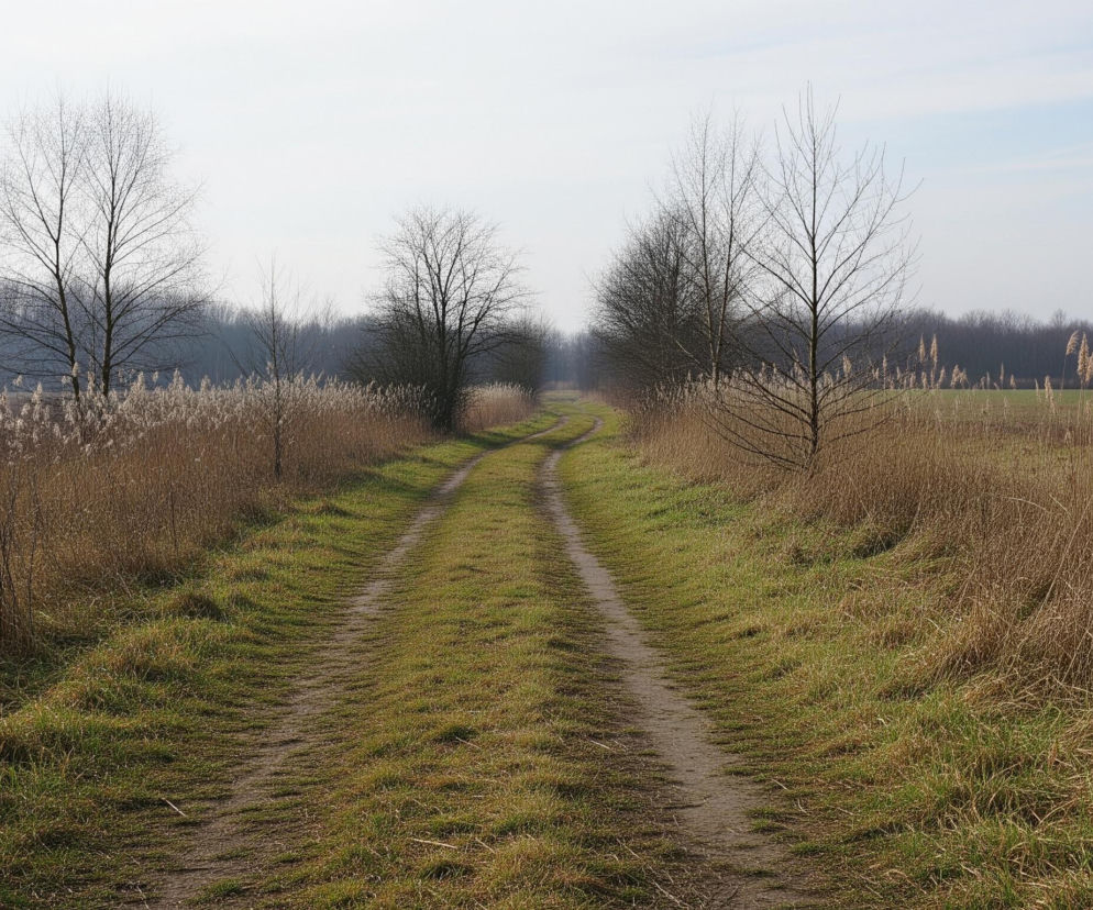 Polna droga o dwóch wyraźnych śladach, zarośnięta trawą i suchą roślinnością, biegnie przez środek kadru w kierunku horyzontu. Po obu stronach drogi rosną wysokie, suche trawy i trzciny o jasnych, beżowo-brązowych kolorach, przeplatające się z zieloną trawą. W oddali, wzdłuż drogi, widać bezlistne drzewa i krzewy, tworzące ciemniejsze pasma zieleni i szarości, a za nimi rozciąga się las, którego kontur jest zamglony na tle jasnego, lekko zachmurzonego nieba.