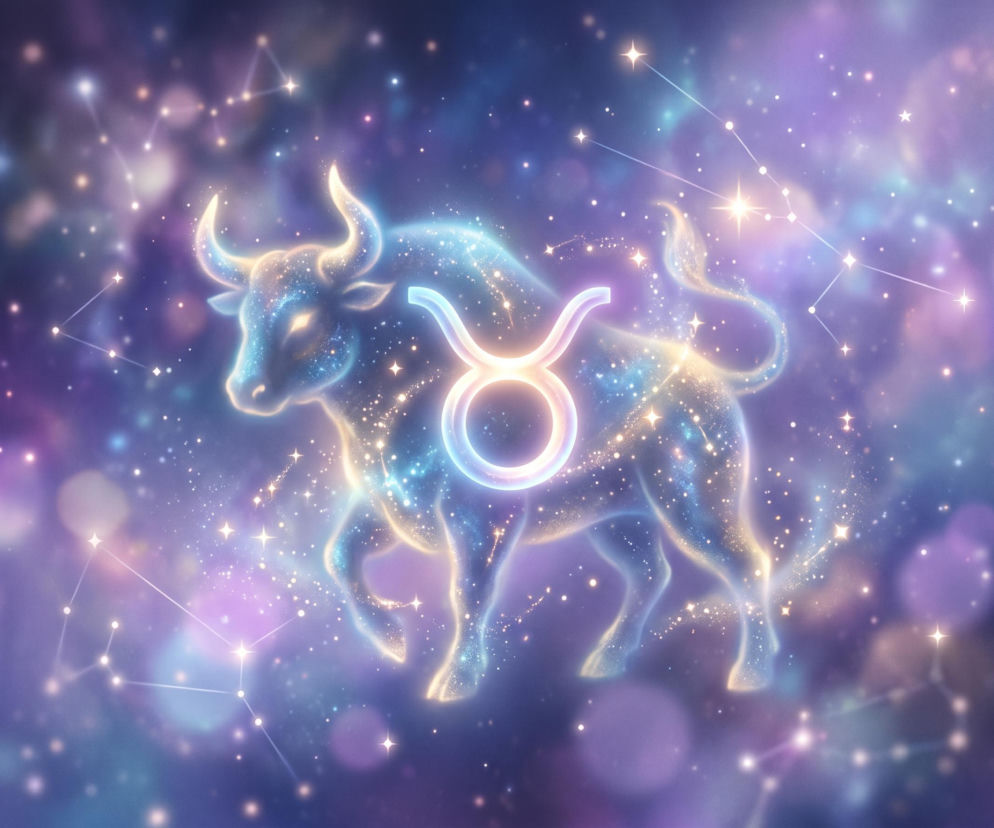 Świecąca sylwetka byka i znak zodiaku na tle gwieździstego nieba. O horoskopie dla Byka przeczytasz w Eska.
