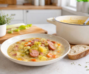 Bawarska Kartoffelsuppe bez mąki i śmietany. Kremowa robi się od rozgniecionych kartofli