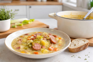 Bawarska Kartoffelsuppe bez mąki i śmietany. Kremowa robi się od rozgniecionych kartofli