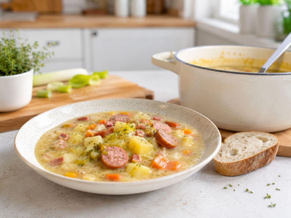 Bawarska Kartoffelsuppe bez mąki i śmietany. Kremowa robi się od rozgniecionych kartofli