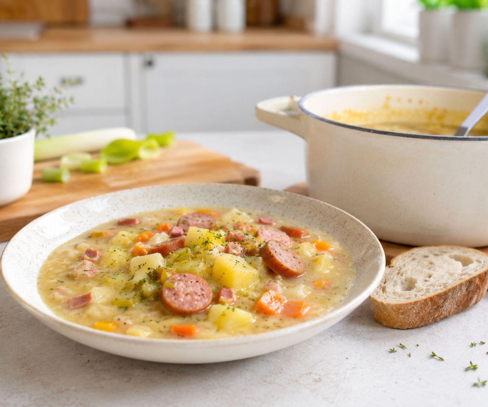 Bawarska Kartoffelsuppe bez mąki i śmietany. Kremowa robi się od rozgniecionych kartofli