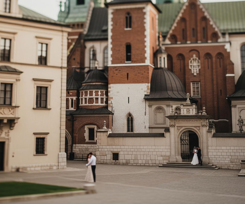 Na pierwszym planie, z lewej strony, widać parę stojącą na brukowanym placu; mężczyzna w białej koszuli i ciemnych spodniach obejmuje kobietę w długiej, jasnej sukni. Po prawej stronie, bliżej tylnej ściany budynku, inna para, prawdopodobnie nowożeńcy, stoi w bramie: kobieta ubrana w białą suknię ślubną i welon, a mężczyzna w ciemny garnitur. Za nimi rozciąga się kompleks zabytkowych budynków o ceglanych i kremowych fasadach, z widocznymi kopułami, wieżami i spadzistymi dachami. Całość skąpana jest w miękkim, rozproszonym świetle, a tło jest lekko rozmyte, co podkreśla pary na placu.