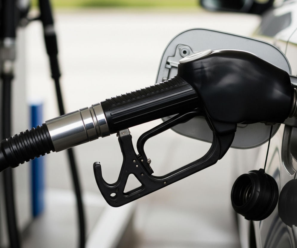 Czarny pistolet do tankowania paliwa jest włożony do otwartego wlewu paliwa srebrnego samochodu, widocznego po prawej stronie kadru. Pistolet posiada metalową, srebrną część u nasady dyszy oraz teksturowany czarny uchwyt z dźwignią i blokadą. Obok wlewu paliwa wisi czarny korek na krótkim pasku. Tło jest rozmyte, ukazując biało-szare słupki i fragmenty dystrybutora paliwa po lewej stronie.