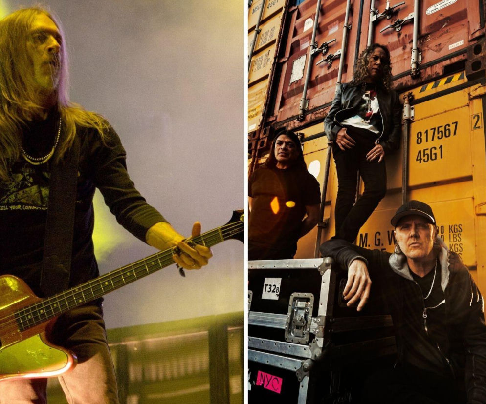 Rex Brown gra na basie. Obok członkowie Metalliki przy kontenerach. O ich wspólnej trasie przeczytasz na EskaRock.