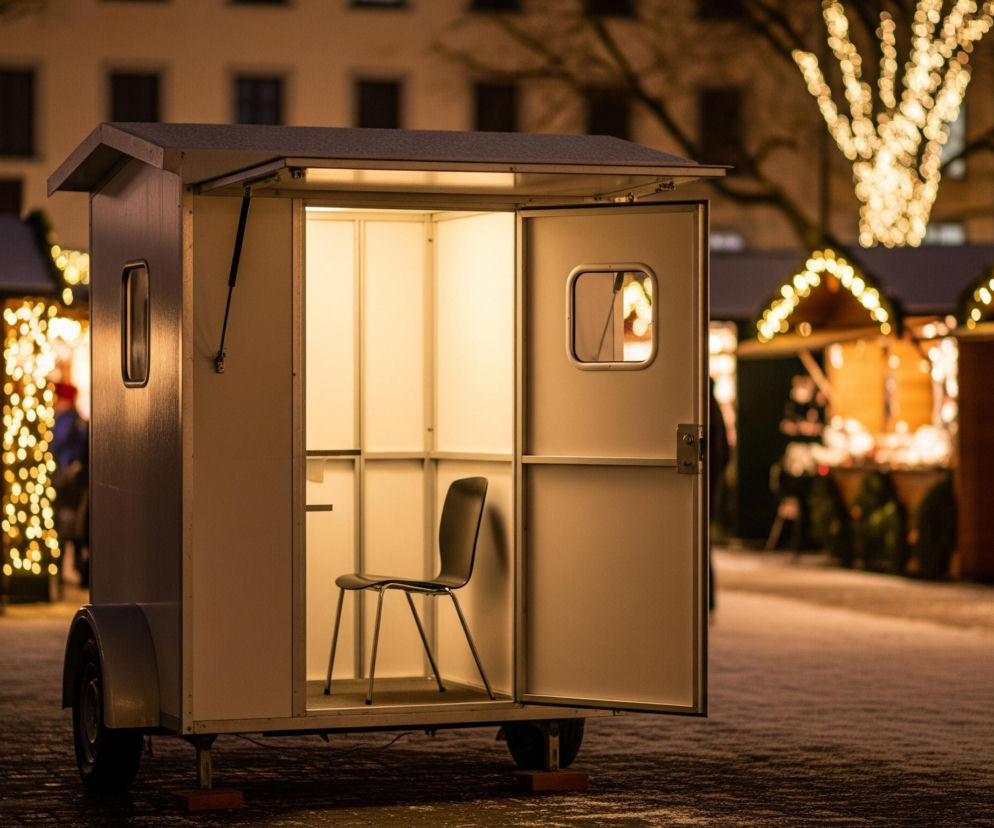 Szary, prostokątny kiosk na kołach, stojący na brukowanej powierzchni. Lewa ściana kiosku posiada okno, a przednia ściana, otwierająca się na bok, również ma okno i uchwyt. Wnętrze kiosku jest jasne i oświetlone ciepłym światłem, a w środku widać czarne krzesło z metalowymi nogami. Po lewej stronie pierwszego planu widoczne są rozmyte, żółte światła, które zdają się pochodzić z wiszących dekoracji. W tle, po prawej stronie, rozciąga się świąteczny jarmark z drewnianymi budkami udekorowanymi girlandami światełek, a nad nimi wiszą rozmyte, świetlne ozdoby.