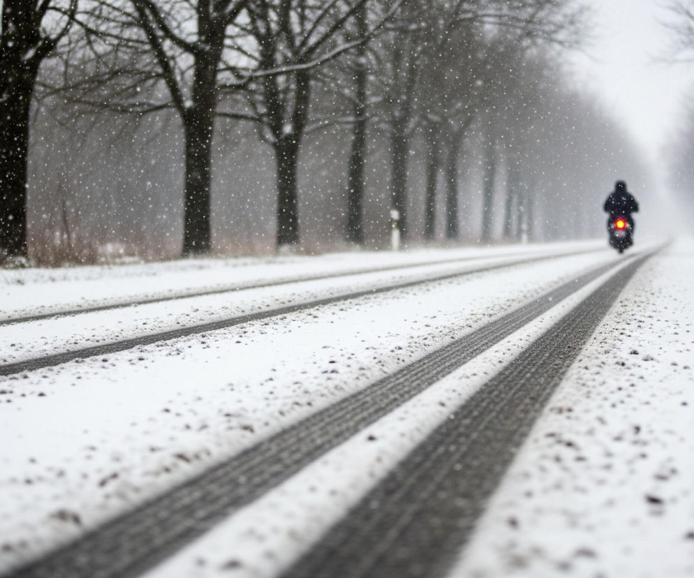 Osoba na motocyklu jedzie po zasypanej śniegiem drodze, oddalając się w kierunku centrum kadru, z widocznym czerwonym światłem tylnym. Droga pokryta jest warstwą białego śniegu, z dwoma ciemnymi śladami kół, biegnącymi równolegle i zbiegającymi się w oddali. Po obu stronach drogi rosną drzewa z nagimi, ciemnymi gałęziami, pokryte delikatnym śniegiem, a w tle widać opady śniegu. Cała scena utrzymana jest w chłodnych odcieniach bieli, szarości i czerni, z jedynym ciepłym akcentem w postaci tylnego światła motocykla.