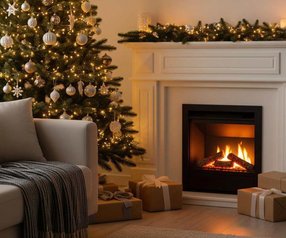 W centralnym punkcie kadru widoczny jest jasno oświetlony kominek z palącym się drewnem, z płomieniami w odcieniach pomarańczy i żółci. Nad kominkiem znajduje się biały gzyms udekorowany girlandą z zielonych gałązek i ciepłych światełek, z dwiema świecami po prawej stronie. Po lewej stronie kominka stoi duża, ozdobiona choinka z licznymi złotymi lampkami i bombkami w odcieniach bieli, beżu i srebra. Przed kominkiem i choinką, na drewnianej podłodze, leżą brązowe prezenty owinięte białymi lub szarymi wstążkami. W lewym dolnym rogu obrazu znajduje się fragment jasnej sofy z poduszkami i ciemnoszarym, wzorzystym kocem, a po prawej stronie kominka stoi metalowy kosz wypełniony pociętymi kawałkami drewna opałowego.