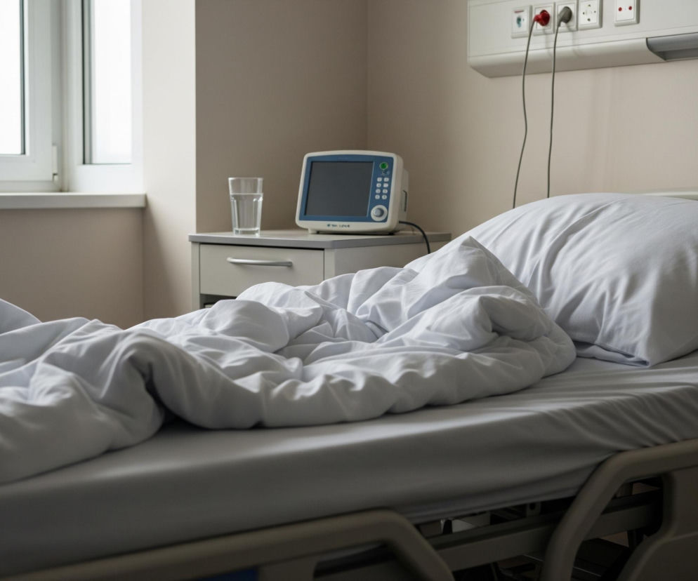 Puste łóżko szpitalne z białą pościelą dominuje centralną część obrazu. Na łóżku leży biała, pomarszczona kołdra oraz poduszka, częściowo zakrywająca zagłówek z jasnego drewna, a prześcieradło jest jasnoszare. Po lewej stronie łóżka znajduje się mała szafka nocna z blatem w kolorze jasnoszarym, na której stoi szklanka z wodą i szare urządzenie medyczne z niebieską ramką ekranu. W tle widać jasne okno oraz beżową ścianę z panelami z gniazdkami i przewodami.