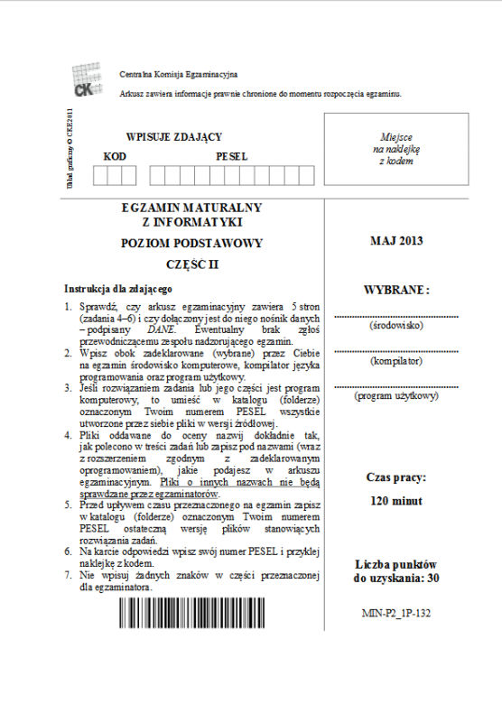 Matura 2013, informatyka poziom podstawowy