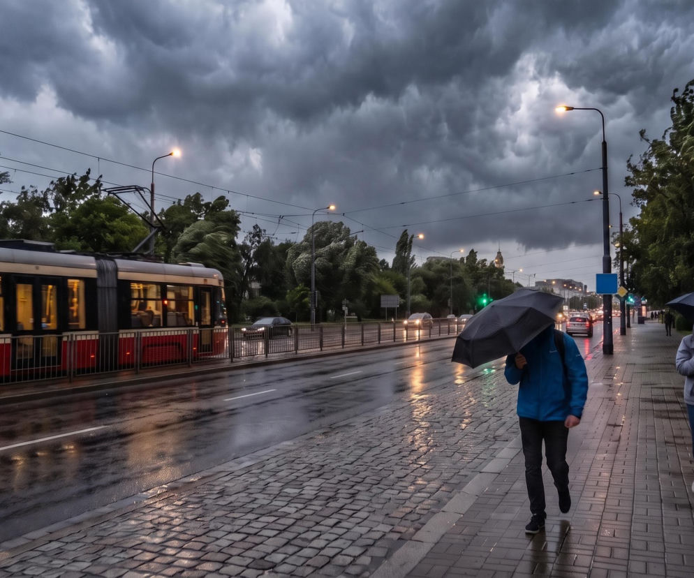 Ludzie z parasolami na chodniku podczas burzy w mieście. O ostrzeżeniach IMGW i RCB przeczytasz na Eska.