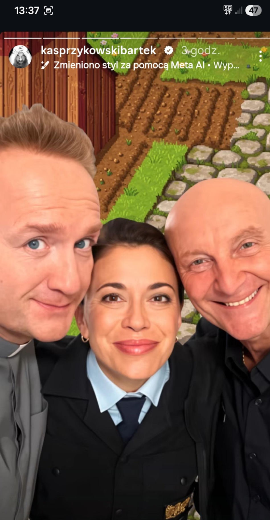Ranczo 11 sezon. Ksiądz Robert (Bartek Kasprzykowski), Francesca (Anna Iberszer), Stasiek (Arkadiusz Nader)
