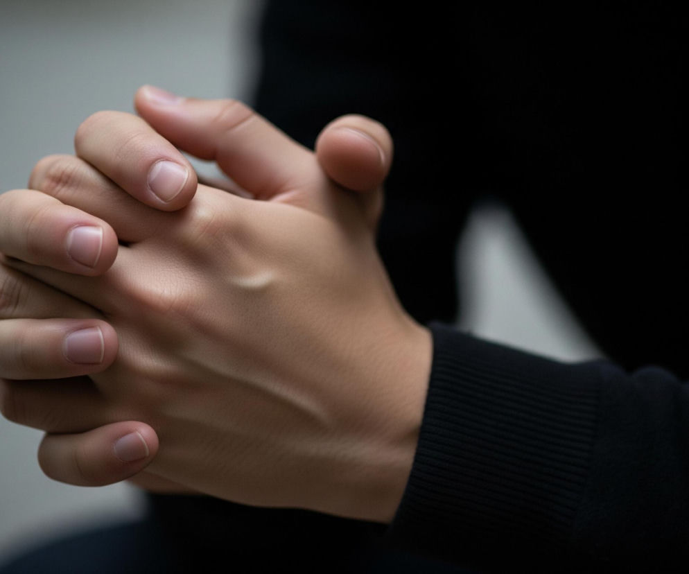 Dwie dłonie o jasnej karnacji są splecione ze sobą na pierwszym planie, z palcami jednej dłoni przeplatającymi się z palcami drugiej. Skóra dłoni ma ciepły, brzoskwiniowy odcień, a na paznokciach widać jasne, naturalne obramowania. W tle po lewej stronie znajduje się rozmyta, jasnoszara ściana, natomiast po prawej widoczna jest ciemna, niemal czarna tkanina z delikatnymi poziomymi prążkami, sugerująca rękaw ubrania.