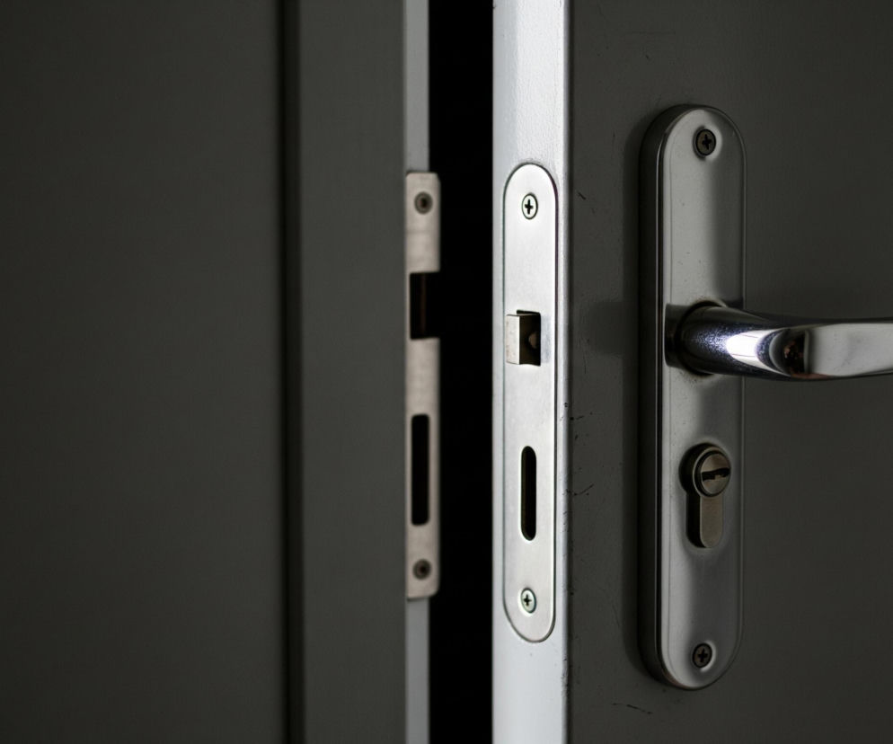 Półotwarte drzwi ukazują jasną szczelinę pośrodku, oddzielającą ciemną powierzchnię drzwi od szarej futryny po prawej stronie. Na futrynie zamocowany jest srebrny, metaliczny zamek z klamką, odbijającą światło. Widoczne są również szczelina zamka i otwór na klucz, a także fragment metalowej wkładki zamka w futrynie.