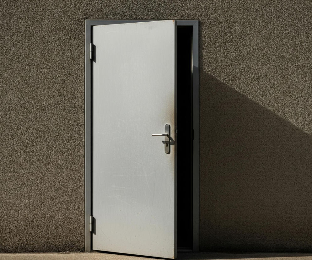 Otworzone metalowe drzwi w jasnoszarym kolorze, wyposażone w prostą klamkę, widoczne są na tle szorstkiej, beżowo-brązowej ściany o ziarnistej fakturze. Drzwi są uchylone, ukazując ciemne wnętrze, a ich skrzydło rzuca długi, ukośny cień na ścianę po prawej stronie, co świadczy o silnym bocznym oświetleniu. Na powierzchni drzwi widać drobne rysy i smugi.