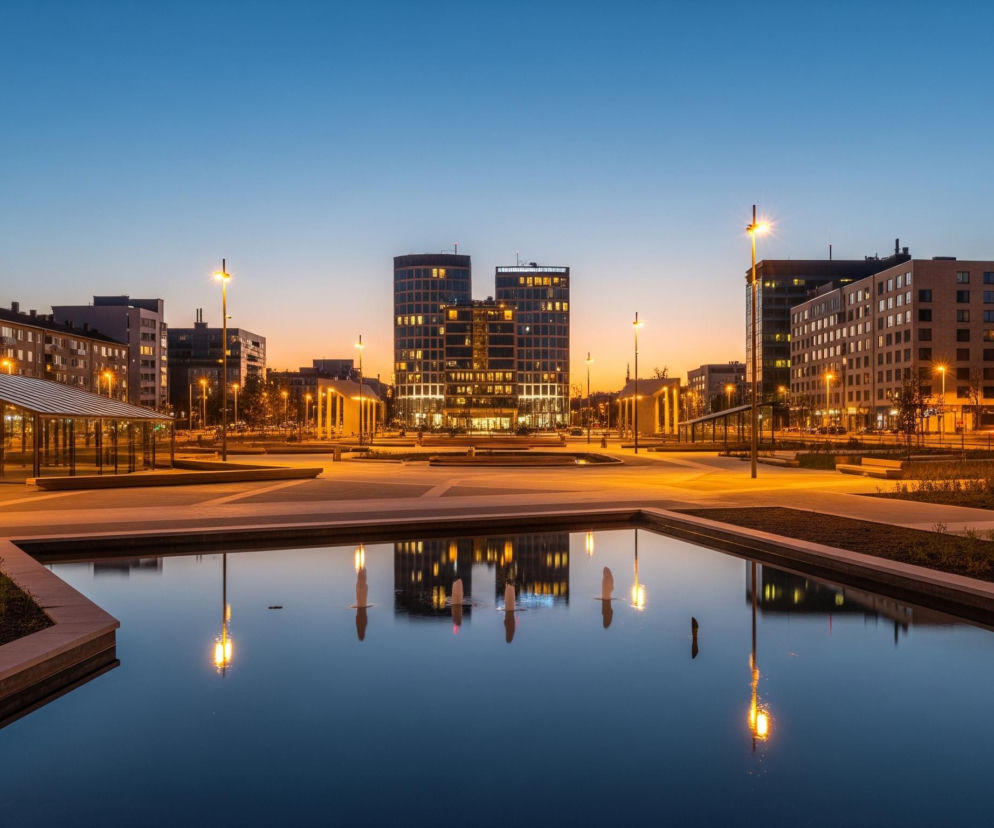 Nocny miejski plac z dominującym na pierwszym planie prostokątnym zbiornikiem wodnym o granatowej tafli, odbijającej światła latarni i budynków. Wokół zbiornika i dalej, na rozległym, jasnym placu, rozmieszczone są liczne wysokie latarnie uliczne, emitujące ciepłe, żółte światło. Po obu stronach placu i w tle wznoszą się różnorodne budynki, od niższych, starszych kamienic, po nowoczesne, przeszklone wieżowce, z których wiele ma zapalone światła w oknach. Horyzont u góry obrazu ukazuje przechodzące od granatowego do pomarańczowego niebo zmierzchu.