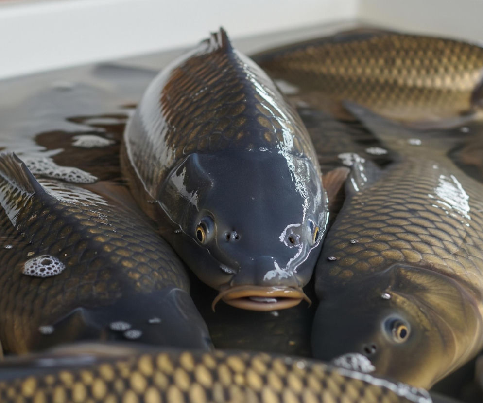 Grupa świeżych karpi pływających w wodzie, gotowych do sprzedaży. To symbol wysokich marż dyskontów na karpiu, o których przeczytasz na portalu Super Biznes.