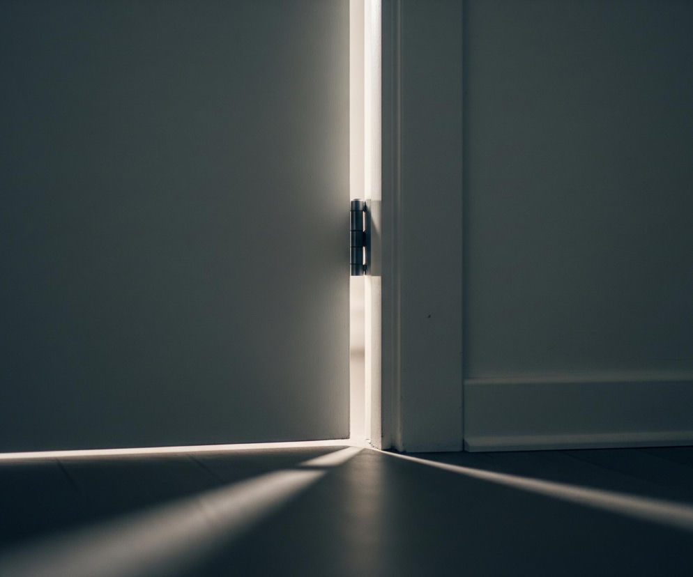 Szczelina lekko uchylonych białych drzwi, częściowo oświetlona jasnym światłem, dominuje centralną część obrazu. Na lewej, ciemnej powierzchni drzwi widoczny jest czarny zawias, a wąski pionowy pas światła pada na podłogę po lewej stronie. Na podłodze widoczne są wydłużone, promieniste cienie rozchodzące się od szczeliny drzwi w prawo, na ciemnej powierzchni podłogi.