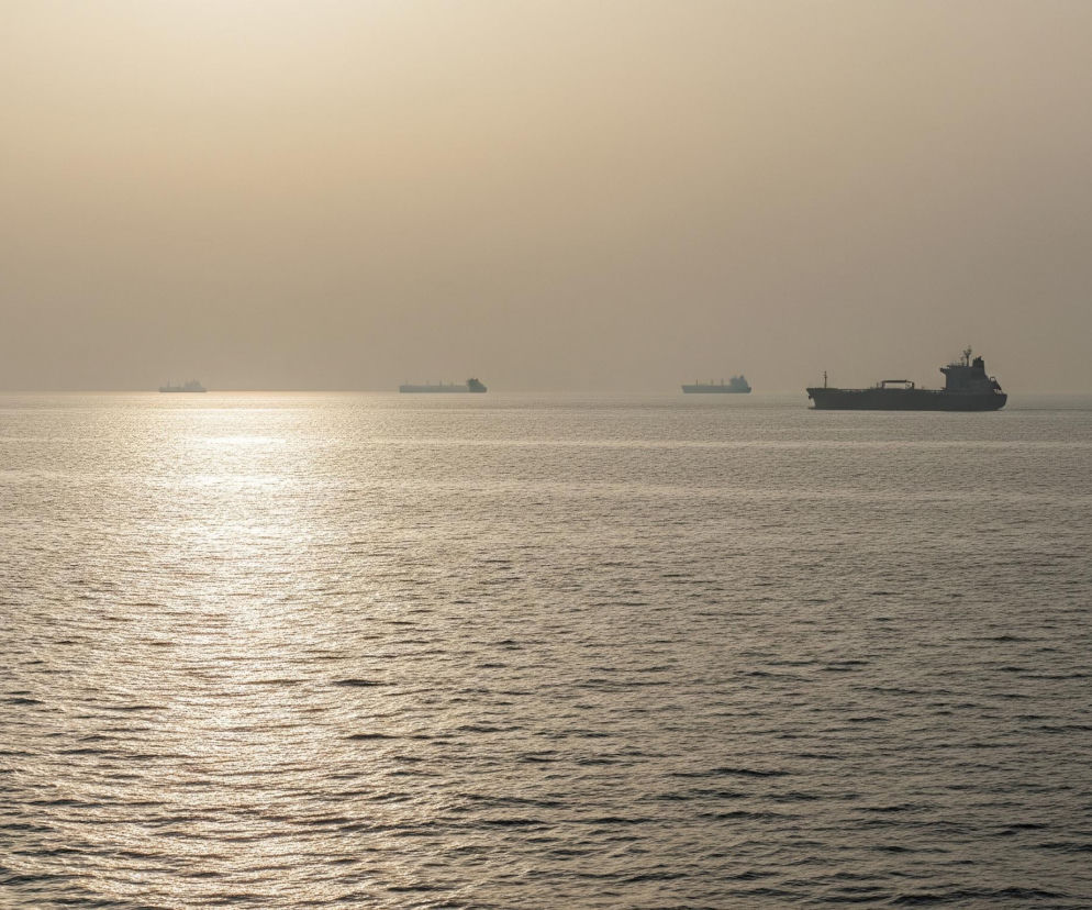 Rozległy akwen wodny z sześcioma zacumowanymi lub powoli płynącymi statkami towarowymi, widocznymi w oddali jako ciemne sylwetki na tle jasnego nieba. Fale na powierzchni wody odbijają światło słoneczne, tworząc długi, lśniący pas, biegnący od horyzontu w stronę pierwszego planu. Dominują odcienie szarości i beżu, z wyraźnym rozjaśnieniem w centralnej części nieba i tafli wody.