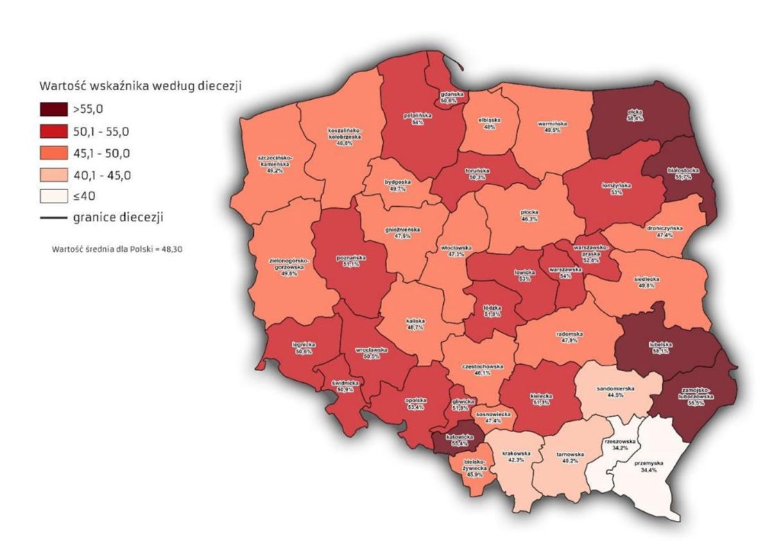 Wskaźniki communicantes względny w 2023 według diecezji