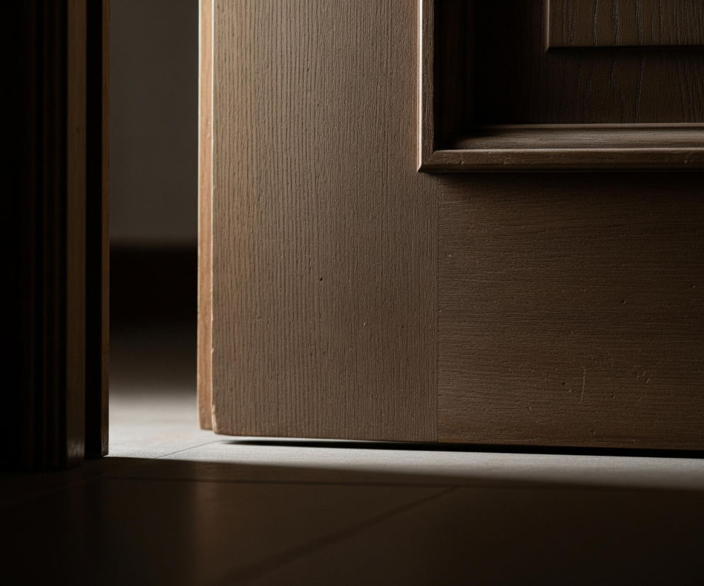 Otworzone, brązowe, drewniane drzwi stanowią centralny element obrazu, ukazując fragment futryny po lewej stronie i szeroką powierzchnię skrzydła drzwiowego po prawej. Na skrzydle drzwi widoczne są charakterystyczne wzory słojów drewna oraz ozdobne listwy i cofnięcia, tworzące prostokątne panele. Pomiędzy futryną a otwartym skrzydłem drzwi, widać jasną przestrzeń, oświetloną od góry, rzucającą cień na podłogę. Podłoga jest pokryta jasnymi płytkami, a ich powierzchnia częściowo skąpana jest w cieniu, co kontrastuje z oświetlonym progiem.