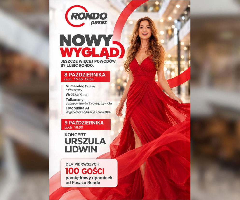 Kobieta w czerwonej sukni na plakacie Pasażu Rondo. O nowej odsłonie centrum w Poznaniu przeczytasz na Eska Poznań.