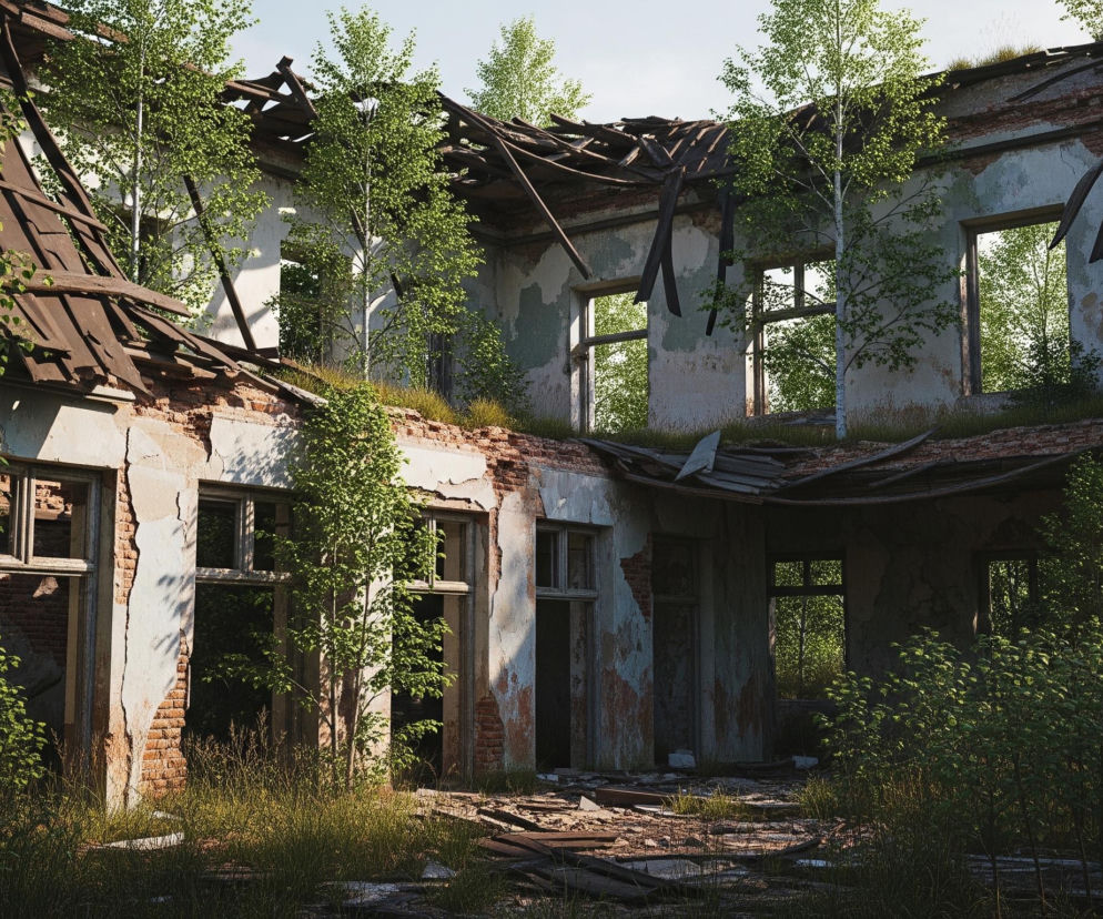 Zrujnowany, dwupiętrowy budynek, porośnięty roślinnością, dominuje w centrum kadru. Fasada budynku jest częściowo zburzona, odsłaniając ceglane ściany w miejscach, gdzie odpadł tynk w kolorach białym, beżowym i bladoniebieskim. Okna są puste, bez szyb, a niektóre ramy okienne pozostały na miejscu. Dach jest całkowicie zapadnięty, a jego drewniane elementy konstrukcyjne i brązowe blachy wystają w chaotyczny sposób. Wokół budynku i w jego wnętrzu rosną liczne drzewa liściaste o jasnozielonych liściach, a także wysokie trawy pokrywające grunt i fragmenty murów.