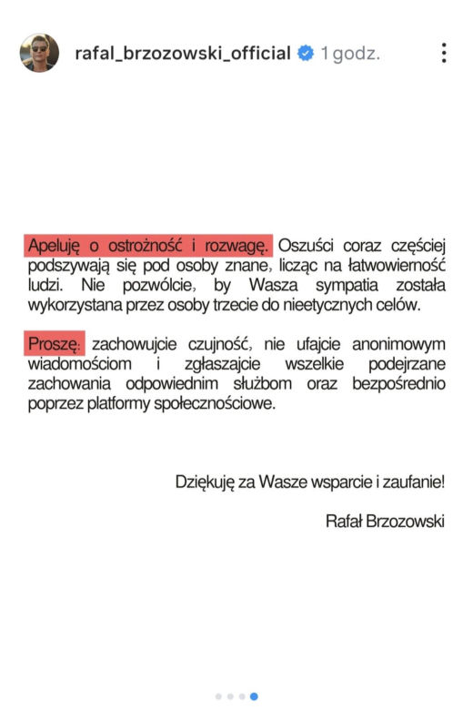 Rafał Brzozowski jest ofiarą stalkingu. Przestrzega swoich fanów i prosi o wzmożoną ostrożność.