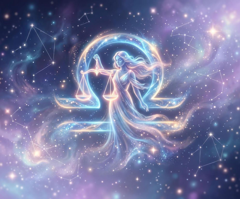 Kobieta trzymająca świecącą wagę na tle gwiazd i symbolu zodiaku. O horoskopie dla Wagi przeczytasz na Eska.