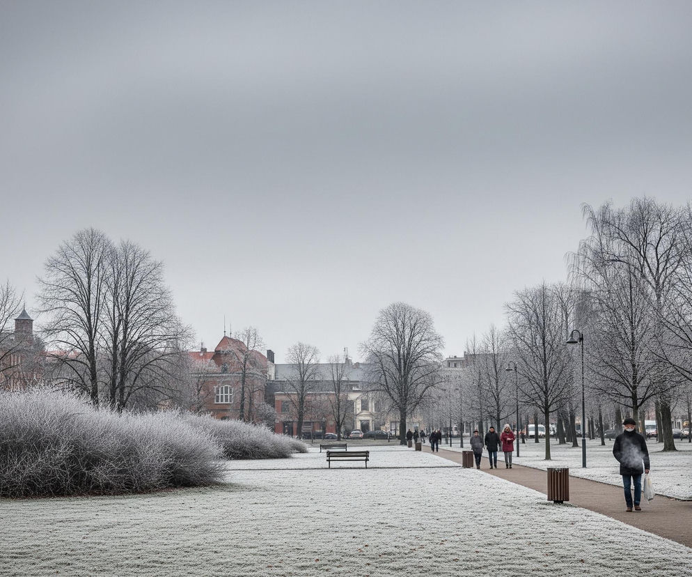 Centralny kadr przedstawia szeroką aleję parkową pokrytą szronem, z licznymi drzewami i krzewami pozbawionymi liści, również oszronionymi. Wzdłuż alei, po prawej stronie, biegnie ceglana ścieżka, którą spacerują ludzie w zimowych ubraniach; jeden z nich wydycha parę. Po lewej stronie, za oszronionymi krzewami, widać fragmenty budynków miejskich z czerwonymi dachami i fasadami. Horyzont dominuje jasnoszare, pochmurne niebo.