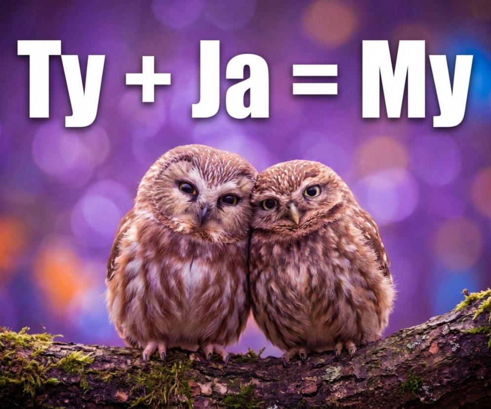 Walentynki 2026 Dwie przytulone puchate sowy na fioletowym tle