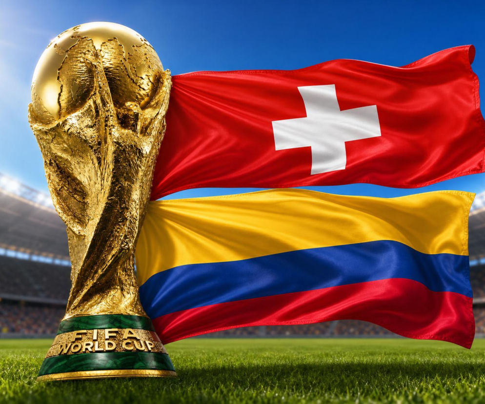 Złoty puchar Mistrzostw Świata FIFA obok flag Szwajcarii i Kolumbii. O meczu Mundialu 2026 przeczytasz na SE Supersport.