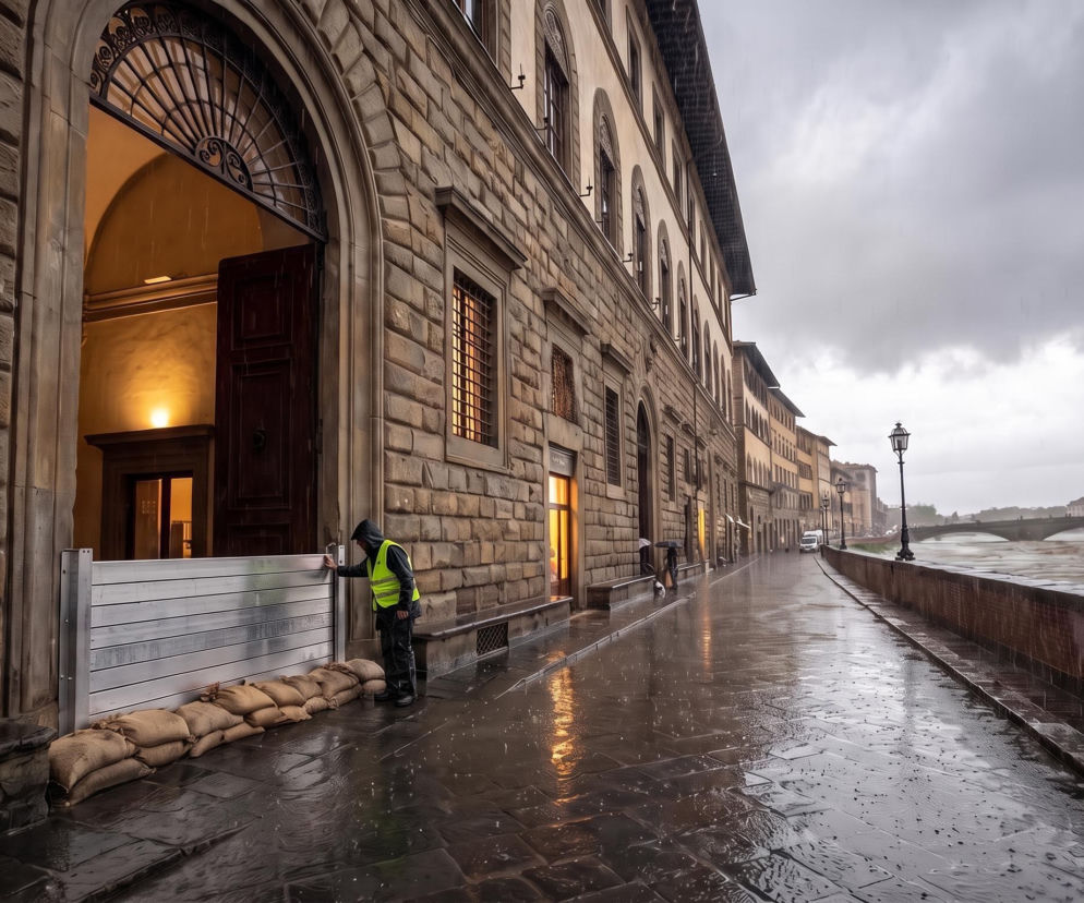 Mężczyzna zabezpiecza wejście do galerii Uffizi podczas ulewy. O ochronie dzieł sztuki we Florencji przeczytasz w Eska.