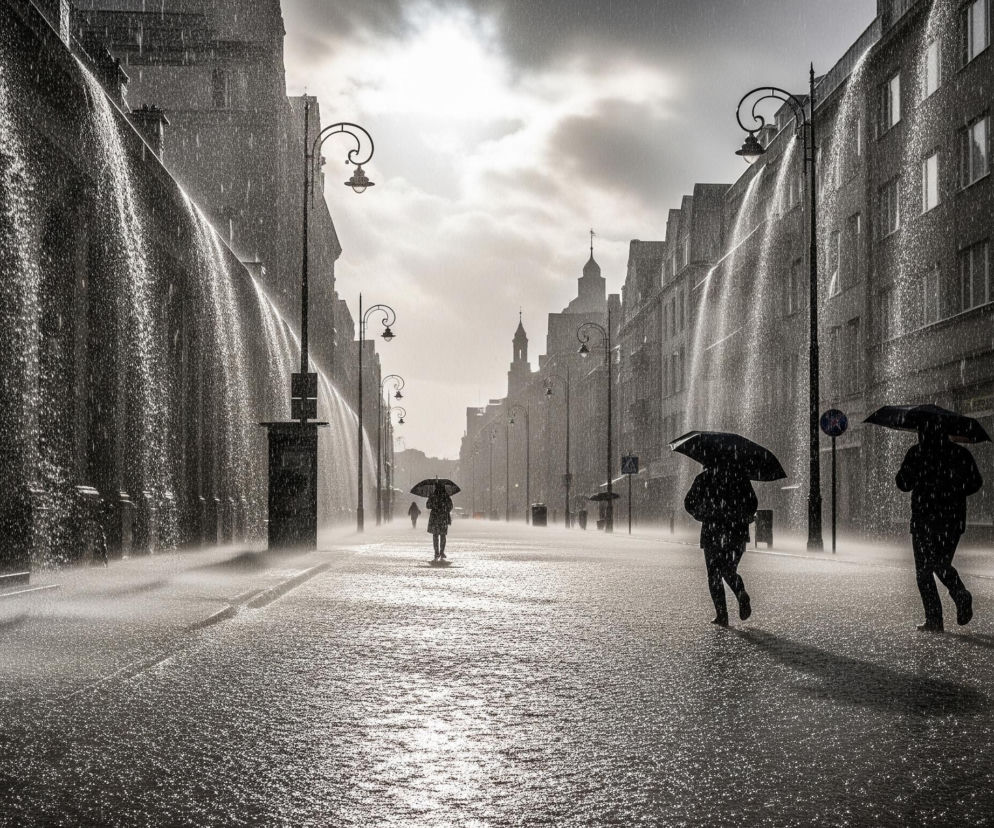 Ulica miejska jest zalana intensywnym deszczem, który spływa szerokimi smugami po fasadach budynków po obu stronach. Dwie sylwetki ludzi, odwrócone plecami do obserwatora, idą ulicą w prawą stronę, każda z nich osłania się czarnym parasolem, a ich postacie są mocno zacienione. Kolejna, bardziej odległa postać z parasolem, znajduje się w centrum kadru, poruszając się w głąb ulicy. Szare niebo z widocznymi promieniami słońca przebijającymi przez chmury rzuca światło na mokrą nawierzchnię, tworząc liczne, błyszczące punkty odbijające się od kropli deszczu. Wzdłuż ulicy rozmieszczone są latarnie uliczne o ozdobnych, zakręconych ramionach, a w oddali widać zarysy miejskich budynków z wieżami.
