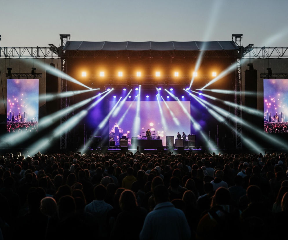 Na obrazie widoczna jest scena koncertowa z jasnymi reflektorami oświetlającymi ciemną publiczność. Konstrukcja sceny składa się z metalowych rusztowań, na których zamontowane są liczne lampy, świecące białym i fioletowym światłem, oraz dwa pionowe ekrany po bokach. W tle widoczny jest zachód słońca z pomarańczowo-niebieskim niebem i ciemnym zarysem lasu. Tłum ludzi wypełnia dolną część kadru, z sylwetkami zarysowanymi na tle świateł sceny.