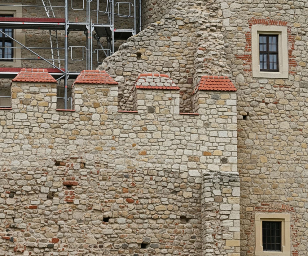 Masywna, kamienna ściana budowli o nieregularnym kształcie pokrywa większą część kadru. Składa się z różnej wielkości i barwy kamieni, głównie w odcieniach szarości, beżu i brązu, z widocznymi miejscami z ceglanymi elementami. W górnej części ściany, po lewej stronie, widać rusztowanie konstrukcyjne wykonane z metalowych rur i pomostów, które częściowo zasłania okna z ciemnymi, prostokątnymi ramami i podziałkami. Poniżej rusztowania znajdują się blanki, z których cztery widoczne są w całości, a ich zadaszenia mają czerwoną, łuskową konstrukcję. Po prawej stronie kadru dominuje okrągła wieża o podobnej kamiennej fakturze, z dwoma prostokątnymi oknami z ciemnymi ramami i podziałkami, obramowanymi jaśniejszym kamieniem i cegłą.