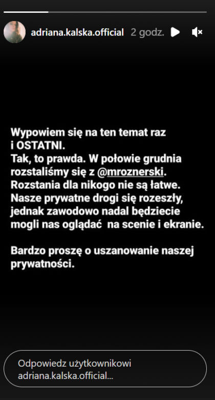 M jak miłość. Oświadczenie Adriany Kalskiej 