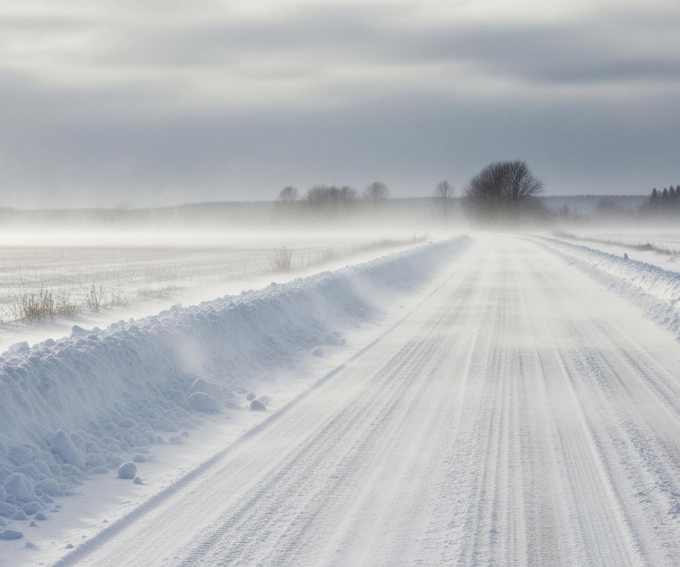 Długa, wąska droga pokryta śniegiem i lodem rozciąga się w głąb kadru, tworząc wiodącą perspektywę. Droga otoczona jest wysokimi zaspami śniegu po obu stronach, z wyraźnymi śladami opon na jej powierzchni. Po lewej stronie drogi widoczne jest zaśnieżone pole z kilkoma suchymi krzewami wystającymi ponad śnieg, a w tle majaczy las i delikatna mgła. Po prawej stronie drogi również rozciąga się zaśnieżone pole, a na horyzoncie rysuje się pas ciemnych drzew. Niebo jest pochmurne, w odcieniach szarości i bieli, a nad horyzontem unosi się mglista zasłona, rozmywając kontury odległych wzgórz i drzew.
