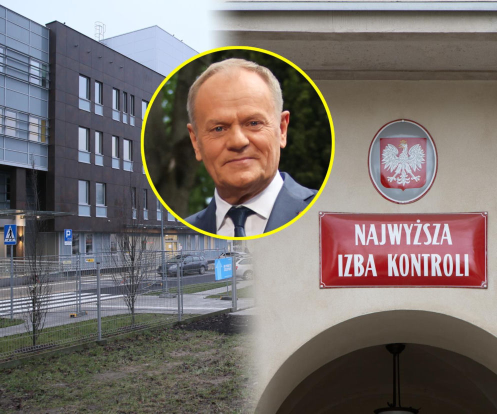 Budynek Szpitala Południowego w Warszawie i siedziba Najwyższej Izby Kontroli z tabliczką. W centrum kolażu twarz premiera Donalda Tuska, symbolizująca zapowiedź kontroli w służbie zdrowia, o czym przeczytasz więcej na naszym portalu.