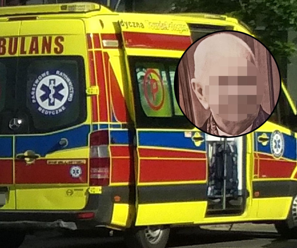 Karetka pogotowia, a na wstawce twarz starszego mężczyzny. O procesie po śmierci pacjenta przeczytasz na Eska Warszawa.