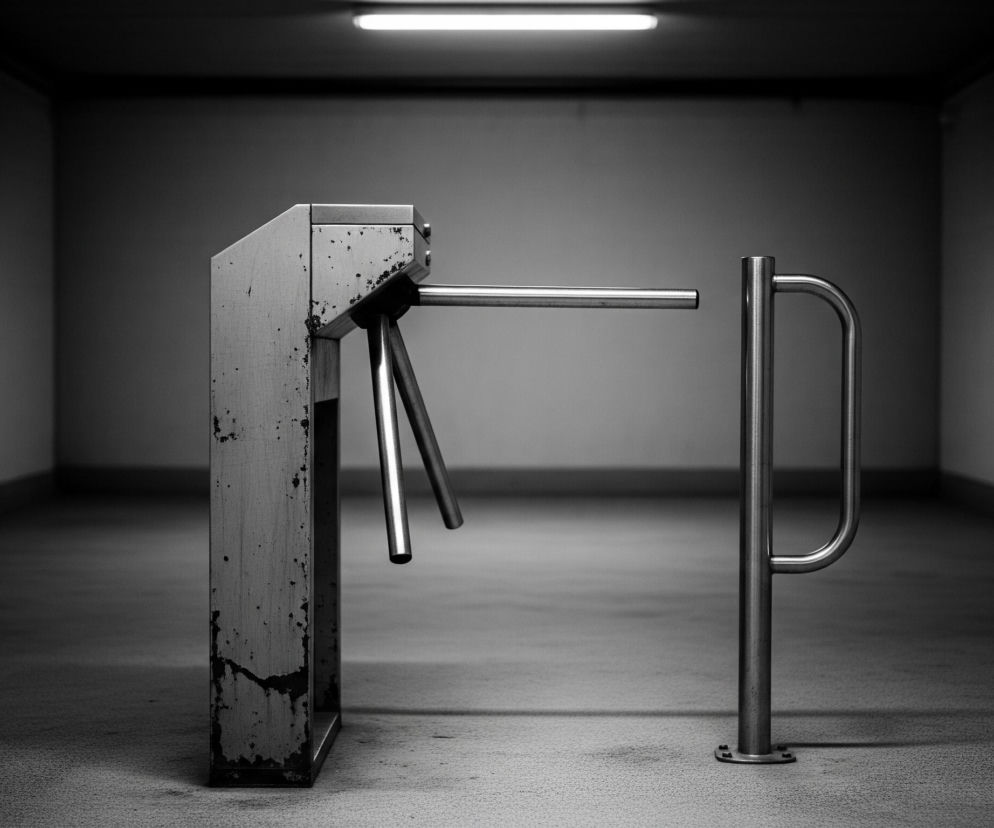 Pośrodku kadru, na pierwszym planie, stoi obrotowa bramka wejściowa w monochromatycznym oświetleniu. Składa się z pionowego słupka po lewej, o nierównej, zardzewiałej powierzchni, z którego wystaje pozioma, srebrna rura blokująca przejście, oraz dwóch mniejszych, ukośnych rur poniżej. Po prawej stronie, na ziemi, przymocowany jest krótszy słupek z wygiętą u góry rurą, tworzącą kształt litery P. Tło stanowi korytarz o ciemnych ścianach i podłodze, z pojedynczą, jasno świecącą lampą fluorescencyjną umieszczoną poziomo u góry, na środku.