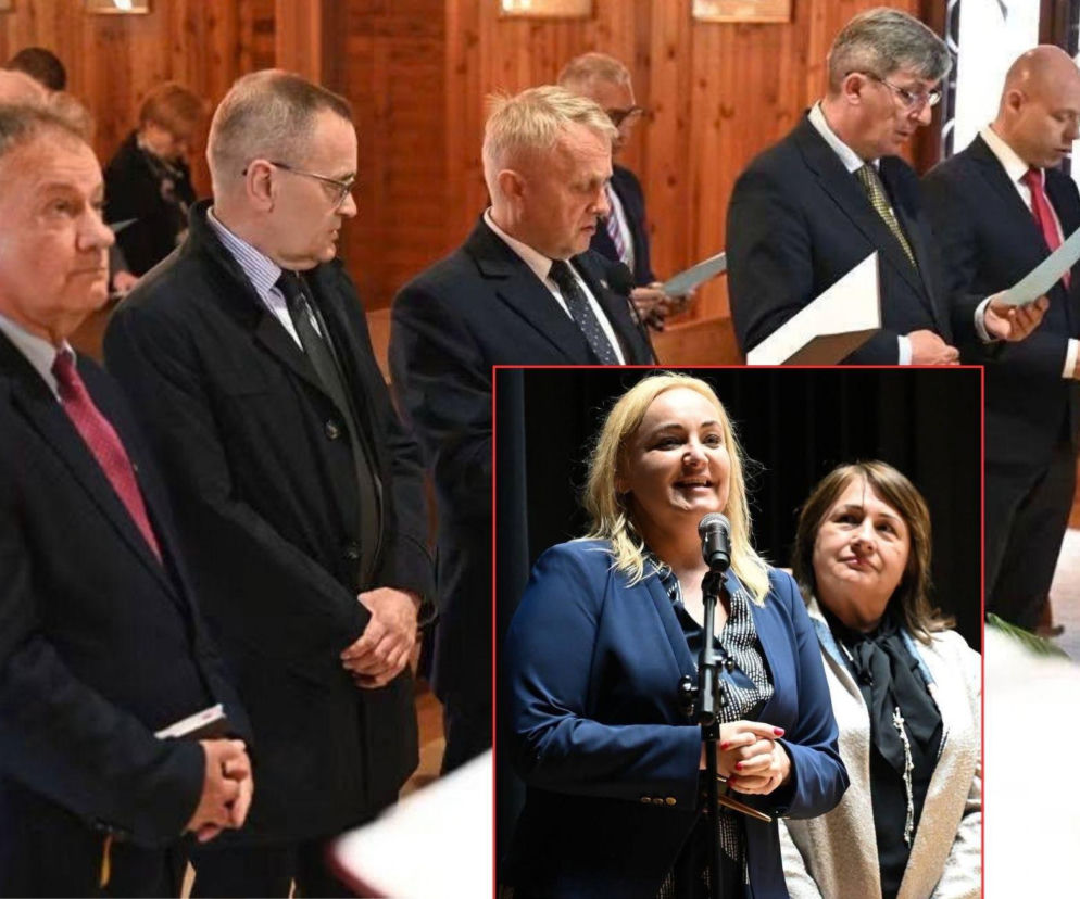 Mężczyźni podczas mszy w kościele. Na wstawce Małgorzata Tys przemawia do mikrofonu. O jubileuszu KIK przeczytasz w SE USA.