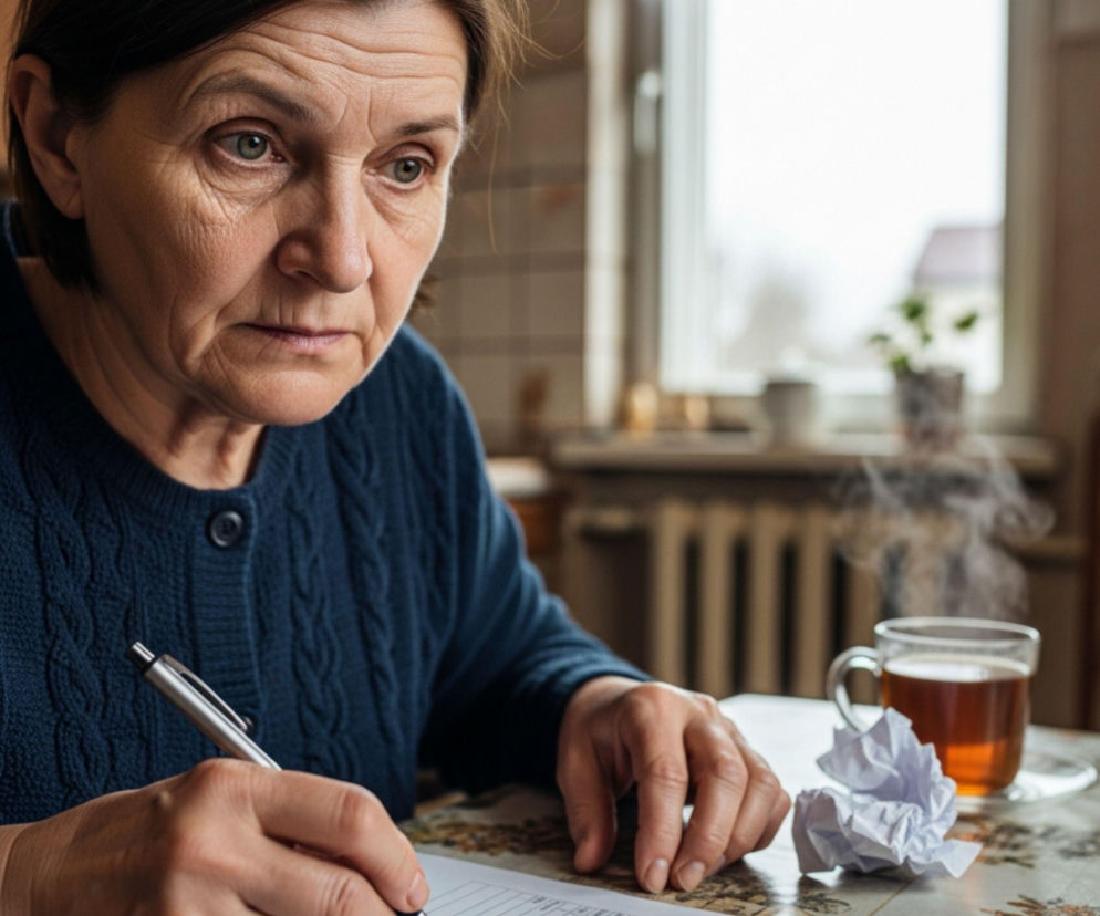 Starsza kobieta w granatowym swetrze wypełnia formularz ZUS, trzymając długopis w prawej dłoni. Obok niej stoi kubek z parującą herbatą i zmięta kartka. W tle widać okno. Dowiedz się więcej o nowym rozliczeniu składki zdrowotnej na Super Biznes.