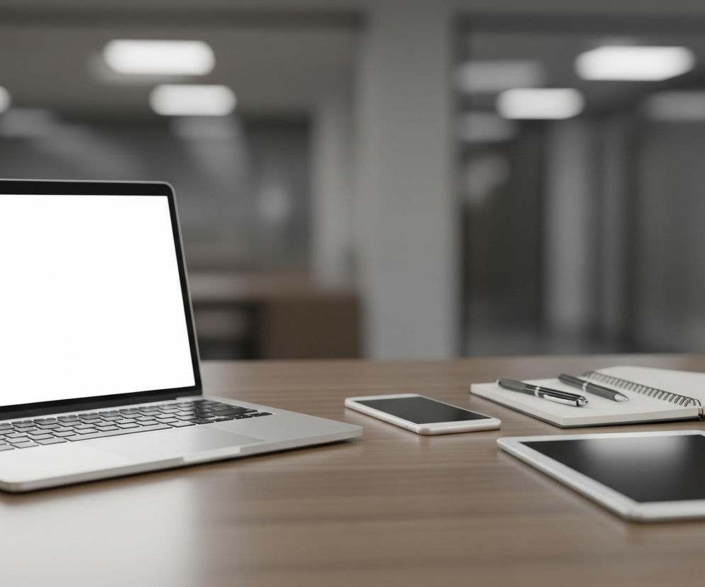 Na drewnianym biurku, skierowanym lekko w prawo, znajduje się otwarty, srebrny laptop z białym ekranem. Po prawej stronie laptopa leży biały smartfon z ciemnym ekranem, a za nim otwarty notes ze sprężyną i dwoma długopisami. Przed notesem, bliżej prawego dolnego rogu, leży biały tablet z ciemnym ekranem. Tło jest rozmyte, widoczne są szare ściany i prostokątne, jasne źródła światła na suficie.