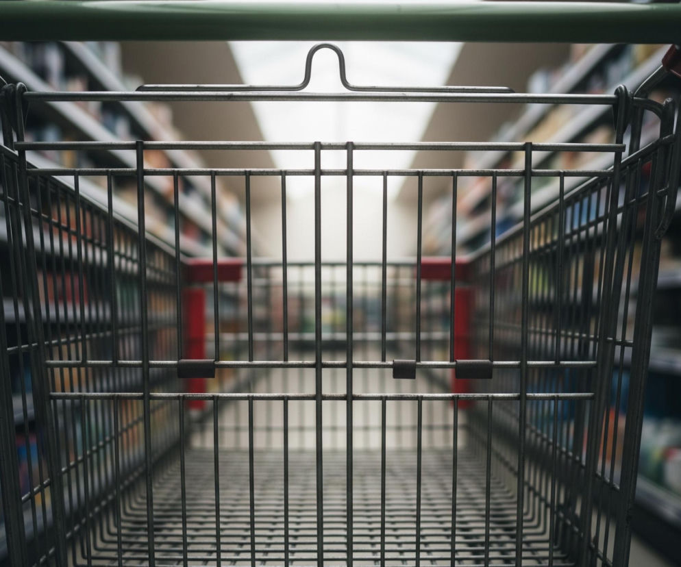 W centrum kadru widoczny jest pusty metalowy wózek na zakupy, patrząc od środka na jego przednią, kratownicową ściankę. Uchwyt wózka jest zielony, a z tyłu, w głębi, widać częściowo zaczerwieniony element kolejnego wózka. Po obu stronach wózka rozciągają się regały sklepowe, wypełnione różnorodnymi, niewyraźnymi produktami w kolorowych opakowaniach, zlewającymi się w rozmyte smugi barw. Górna część kadru ukazuje jasne, podłużne oświetlenie sufitowe, które rozjaśnia alejkę między regałami.