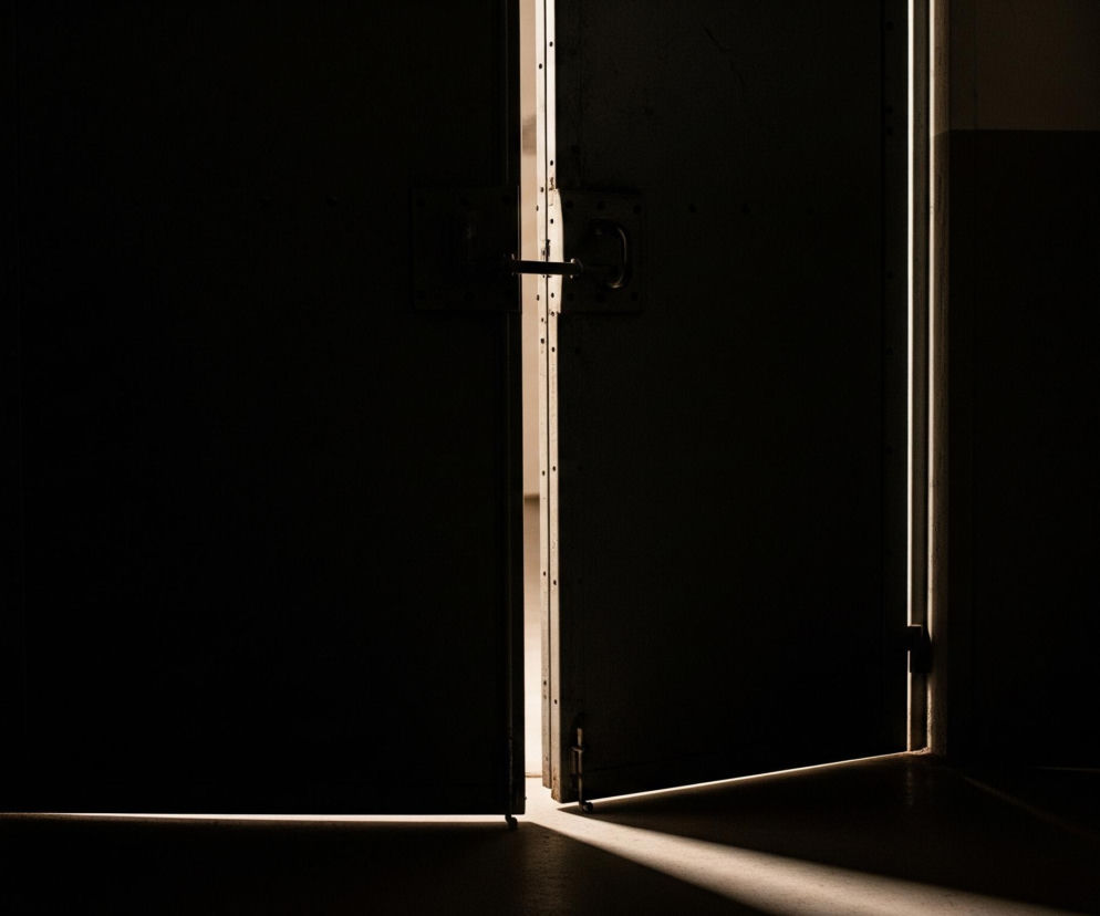 Dwoje ciężkich, ciemnoszarych, metalowych drzwi jest lekko uchylonych, tworząc pionowe szczeliny, przez które wpada jasne, białe światło. Lewe skrzydło drzwi jest prawie całkowicie zasłonięte przez cień, z wyjątkiem wąskiej, pionowej smugi światła po prawej stronie. Prawe skrzydło jest otwarte bardziej, ukazując szerszy pas światła wzdłuż krawędzi oraz smugę światła padającą ukośnie na ciemną podłogę. Na lewym skrzydle drzwi widoczna jest ciemna, prostokątna płyta z uchwytem, a na krawędziach skrzydeł dostrzec można liczne nity. Całość utrzymana jest w ciemnej tonacji, z dominującymi odcieniami czerni, ciemnoszarości i akcentami jasnego światła.