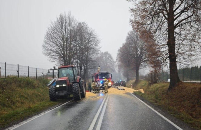 Deszcz kukurydzy pod Oświęcimiem. Droga została zasypana ziarnem