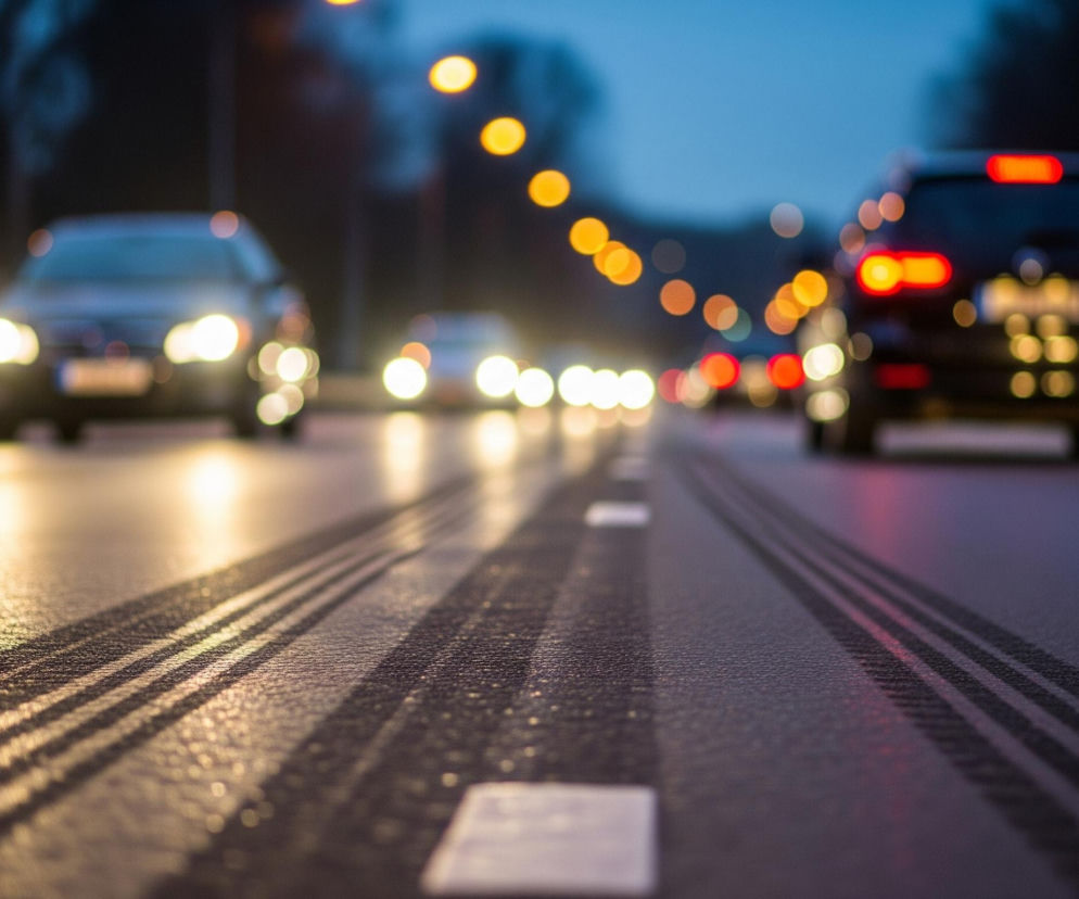 Asfaltowa nawierzchnia ulicy, widoczna w perspektywie, zajmuje większą część kadru. Na niej wyraźnie zarysowane są ciemne ślady opon wzdłuż środkowej części, otoczone sporadycznymi białymi, prostokątnymi pasami wyznaczającymi pasy ruchu. W oddali, po lewej stronie drogi, jedzie szare auto z włączonymi, jasnymi reflektorami, a po prawej stronie, jadąc w tym samym kierunku, znajduje się czarne auto z czerwonymi światłami tylnymi. Tło stanowią rozmyte, pomarańczowe i białe światła latarni ulicznych oraz drzewa, wszystko pogrążone w zmierzchu.